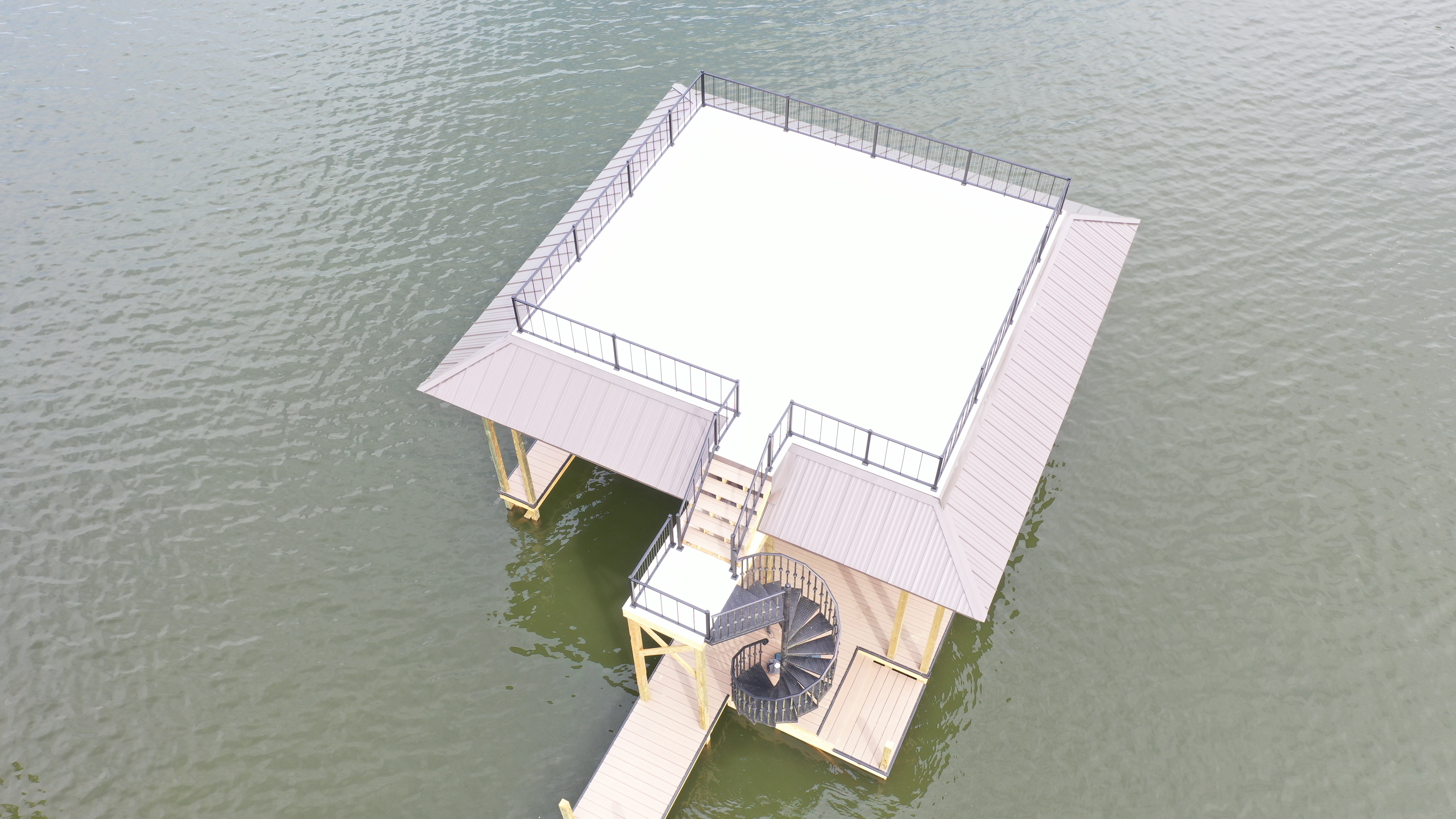 Spiral staircase detail on a Blue Horizon two-story dock