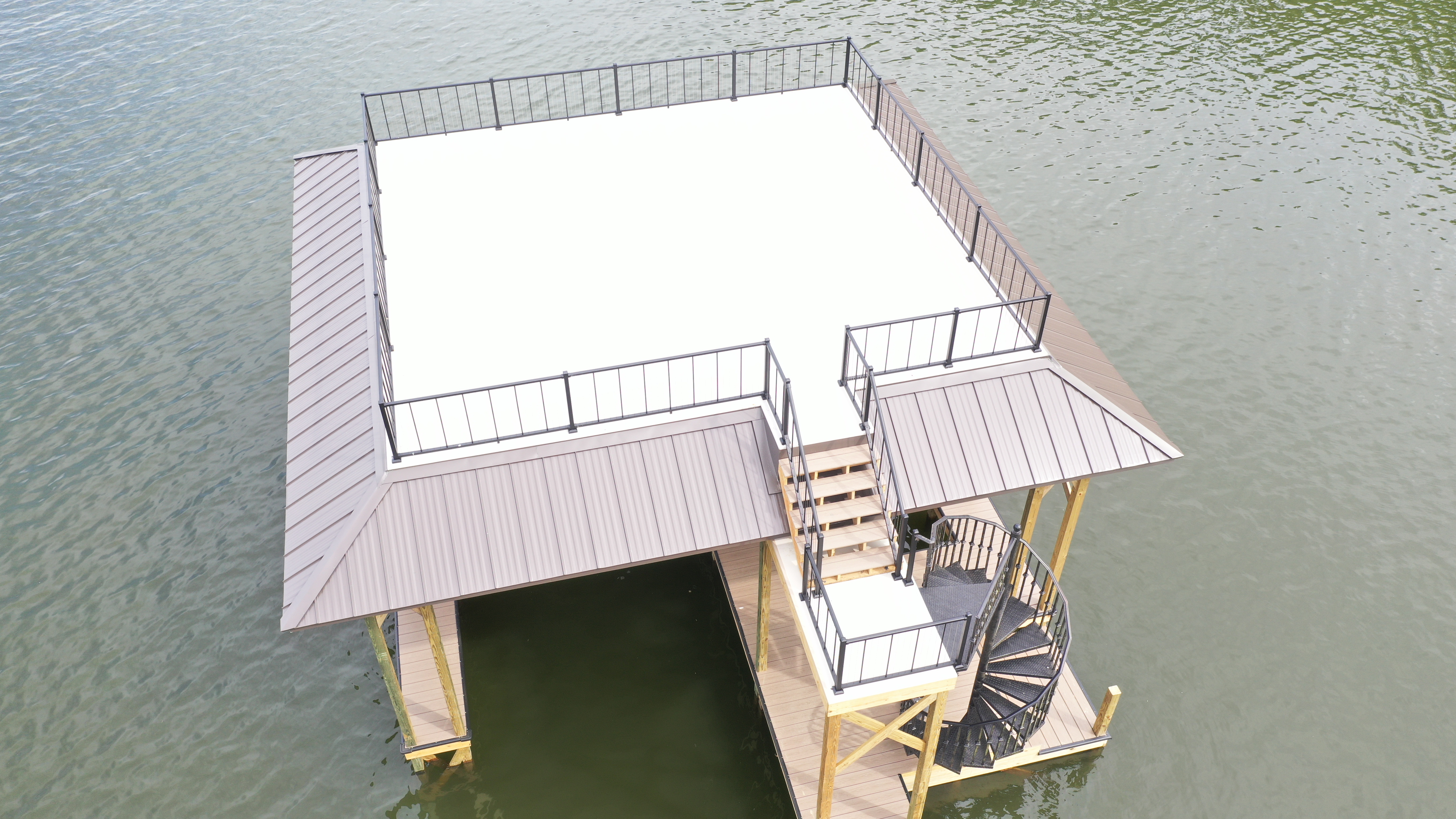 Two-story floating dock with party deck on Tennessee lake
