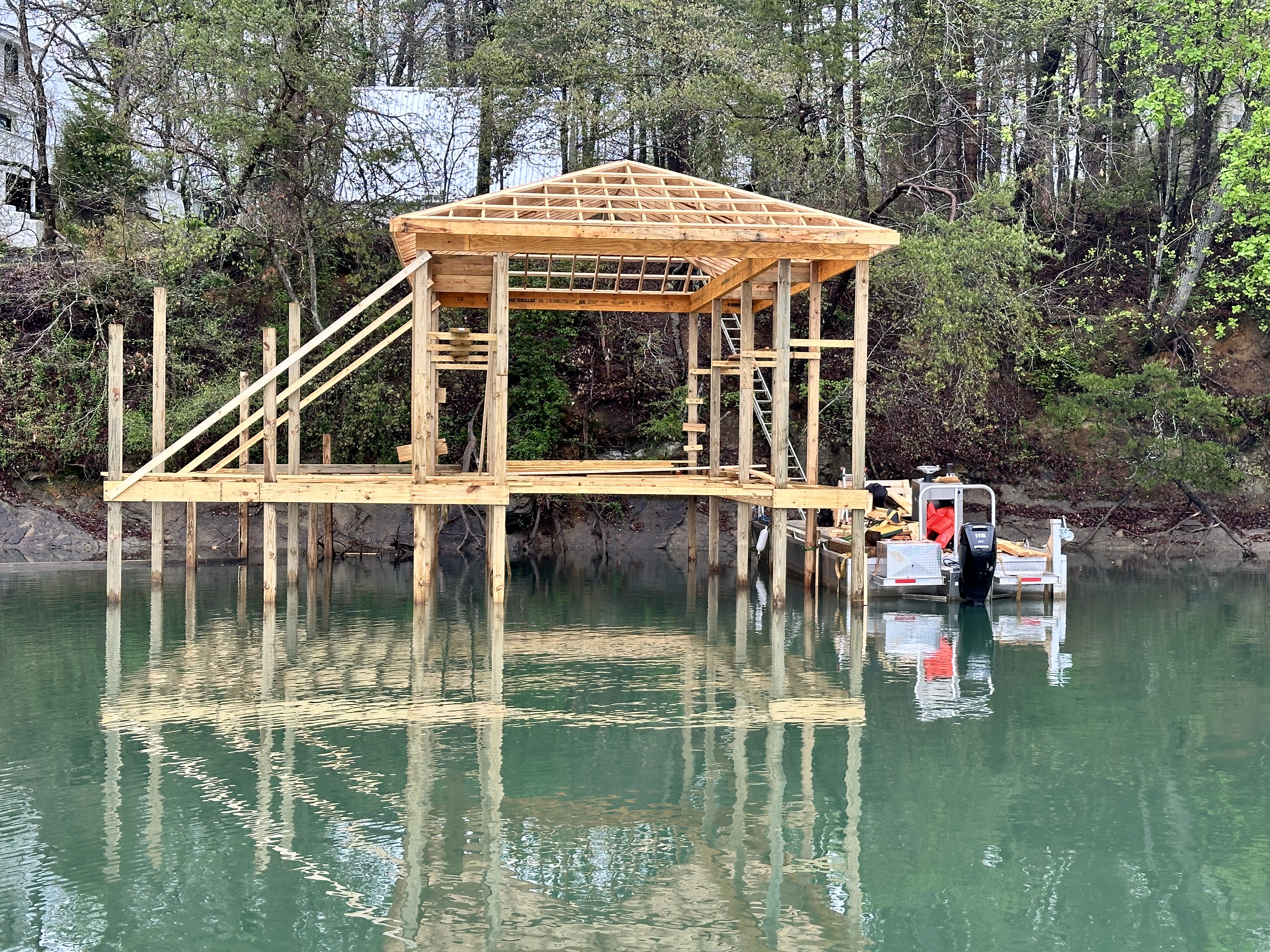 Multi-slip boathouse framing on Fort Loudoun